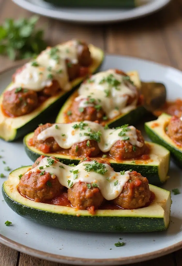 25 Frozen Italian Meatball Recipes Easy and Tasty - 25. Meatball Stuffed Zucchini Boats